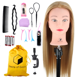 Desire of Goods Oefenhoofd Kappershoofd – Donkerblond – Tafelklem met Styling Accessoires – Kaphoofd – 70 cm
