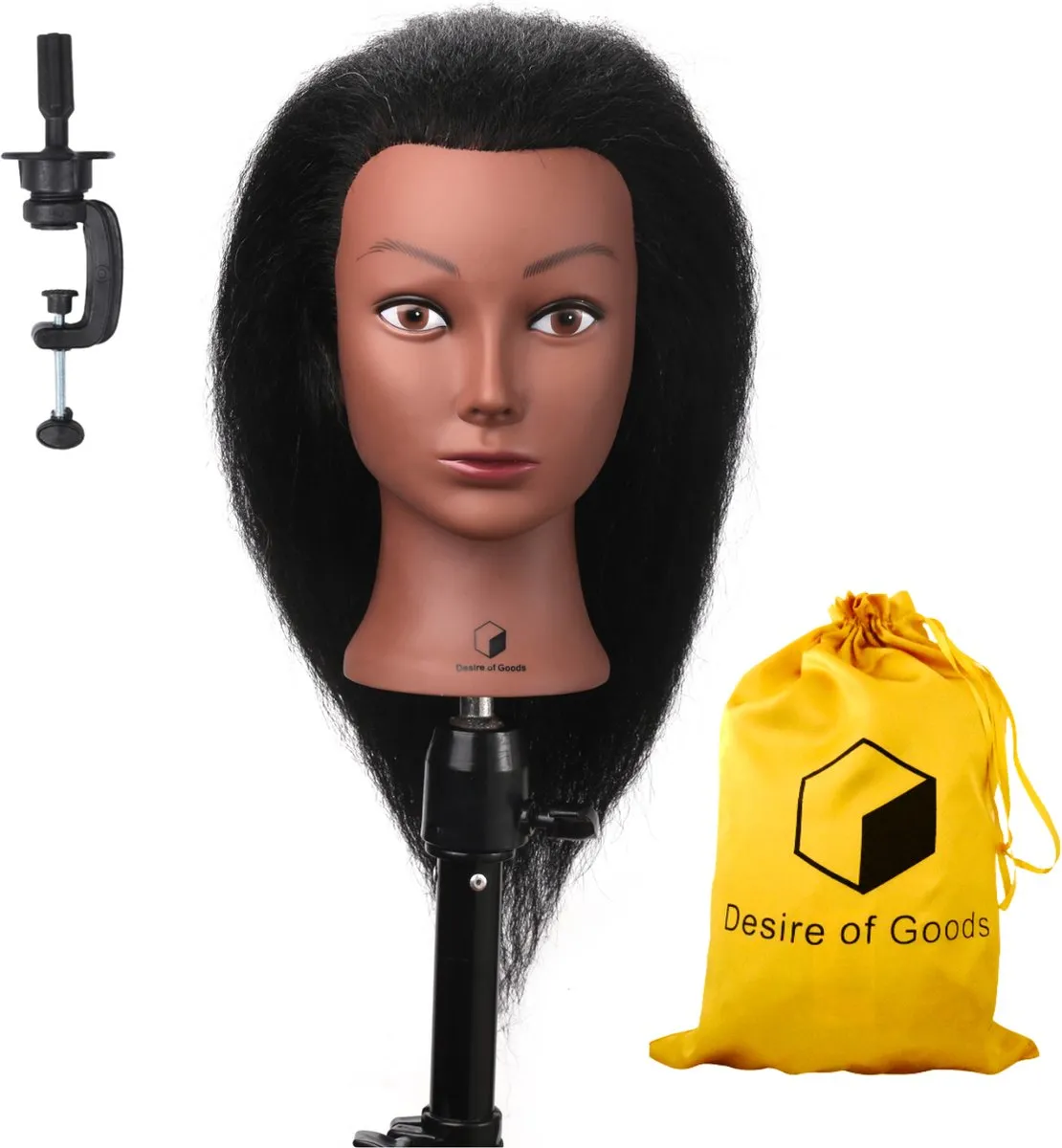 Desire of Goods Afro oefenhoofd kappershoofd – Donkerbruin haar – 100% Echt haar – met statief
