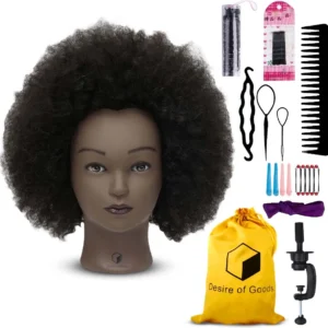 Desire of Goods Afro oefenhoofd kappershoofd en Styling Accessoires – Donkerbruin haar – 40 cm – 100% Echt haar met statief
