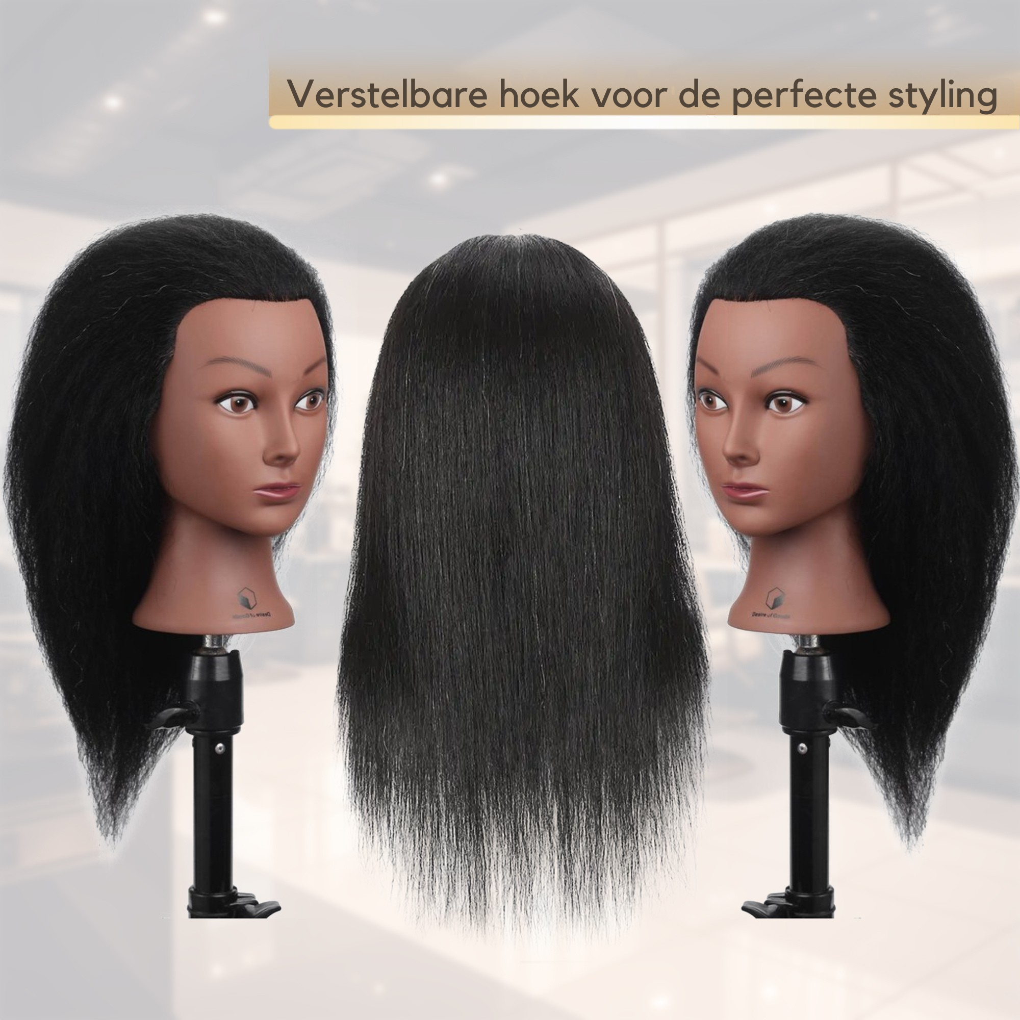 Desire of Goods Afro oefenhoofd kappershoofd – Donkerbruin haar – 100% Echt haar – met statief - Afbeelding 3